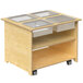 A Whitney Brothers wooden sensory table cart with clear trays on wheels.