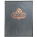 A grey leather H. Risch, Inc. Seville menu cover with a logo of a horse.