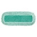 A green and white Rubbermaid microfiber fringed dust mop pad.