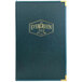 A blue leather H. Risch, Inc. Seville menu cover with gold writing over a close up of a book.