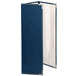 A blue leather rectangular menu cover with silver corners.