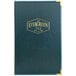 A blue leather H. Risch, Inc. Seville menu cover with gold writing on a table.