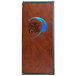 A brown leather rectangular menu cover with a blue logo.