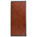 A brown leather rectangular menu cover with white stitching.