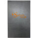 A grey rectangular menu cover with orange text on it.