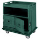 A granite green Cambro meal delivery cart with 2 doors open.