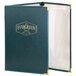 A green leather H. Risch, Inc. Seville menu cover with gold trim.