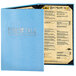 A blue Menu Solutions Slim Line menu cover with menus inside.