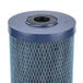 A close-up of a 3M blue water filter cartridge with white mesh on top.