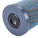 A close-up of a 3M blue and white high flow water filter cartridge with mesh on the top.