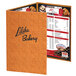 A brown Menu Solutions Water Street wicker menu cover with a customizable logo on a table in a bakery display.