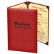 A Menu Solutions red customizable menu cover with black text on it.