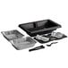 A package of black plastic trays and containers with Sterno SpeedHeat flameless warming trays and utensils.