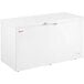 A white Galaxy commercial chest freezer with a handle.