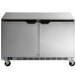A silver stainless steel Beverage-Air undercounter freezer with two doors.