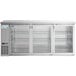 An Avantco stainless steel back bar refrigerator with glass doors and shelves.
