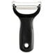An OXO black and white plastic vegetable peeler with a round handle.
