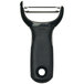 An OXO black plastic vegetable peeler with a straight stainless steel blade.