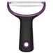 An OXO black and purple vegetable peeler with a wide straight stainless steel blade.