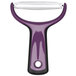 An OXO purple and black plastic peeler with a wide stainless steel blade and a hole in the handle.