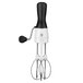 A black and white OXO Good Grips manual egg beater with a rubber handle.