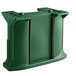 A green plastic object with black straps used to make a table leg for a Cambro Versa Bar with decor panels.