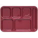 A dark cranberry rectangular tray with six compartments, including four squares with a white border.