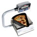 A Tor Rey digital pizza scale with a pizza in a pan on it.