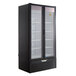 A black Beverage-Air Marketeer Series glass door refrigerator with two shelves.