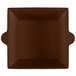 A brown square bowl with handles.