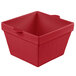 A red square Tablecraft cast aluminum container with a handle.