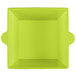 A lime green square bowl with handles.