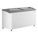 A white and grey Beverage-Air curved lid display freezer with the door open.