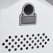 A close up of a white Lavex stainless steel automatic hand dryer with holes.