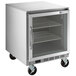 A Beverage-Air stainless steel undercounter refrigerator with glass doors on wheels.