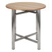 A round wooden table with Bon Chef Flex-X stainless steel table base.