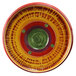 A white round melamine platter with green and red designs.