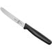 A Mercer Culinary paring knife with a black handle and a rounded serrated tip.