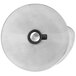 A top view of a stainless steel Vollrath dough hook with a hole in the center.