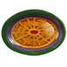 An oval melamine platter with a red, green, and purple design and a yellow center.
