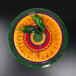 A round multi-color melamine platter with green peppers on it.