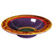 A purple bowl with a yellow and red rim.