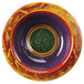 A multi-color melamine bowl with a yellow, green, and purple design.