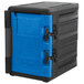 A black Metro Mightylite food pan carrier with a blue door.