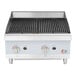 A Cooking Performance Group gas griddle and charbroiler with knobs on a white surface.