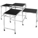Three Eastern Tabletop wood rolling banquet tables with black and silver accents.