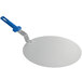 A white round pizza tray with a blue polymer handle.