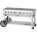 A Crown Verity stainless steel mobile grill on a cart with wheels.