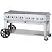 A large Crown Verity stainless steel outdoor grill on a cart with wheels.