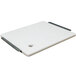 A white rectangular cutting board with metal clips.